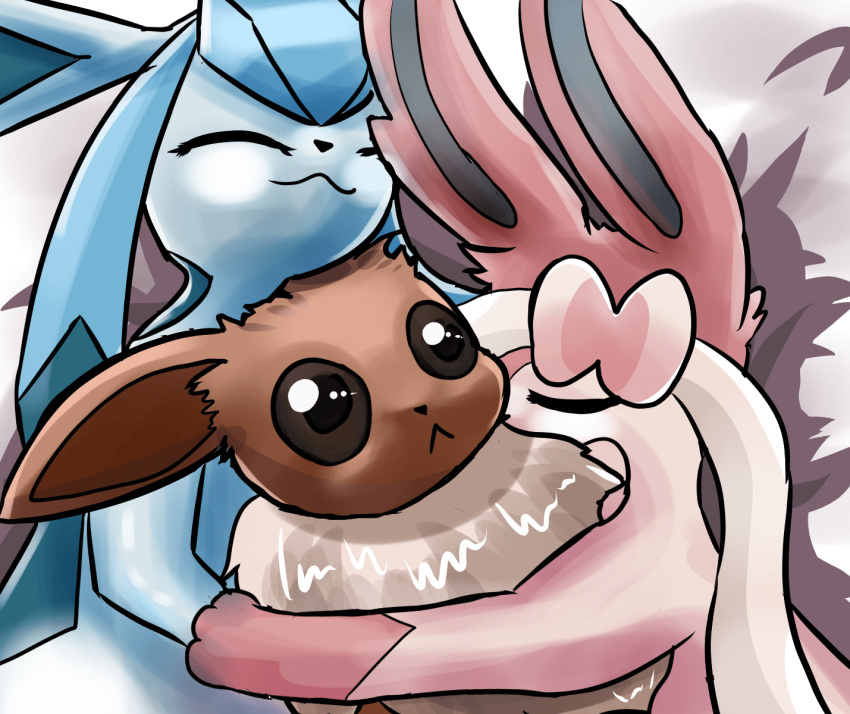 ambiguous_gender bed bed_sheet bedding bow_(feature) chest_tuft closed_eyes cuddling ears_back eevee eeveelution fluorite furniture generation_1_pokemon generation_4_pokemon generation_6_pokemon glaceon group hi_res hug looking_up love lying nintendo on_bed pivoted_ears pokemon pokemon_(species) scared sleeping sylveon tuft wide_eyed