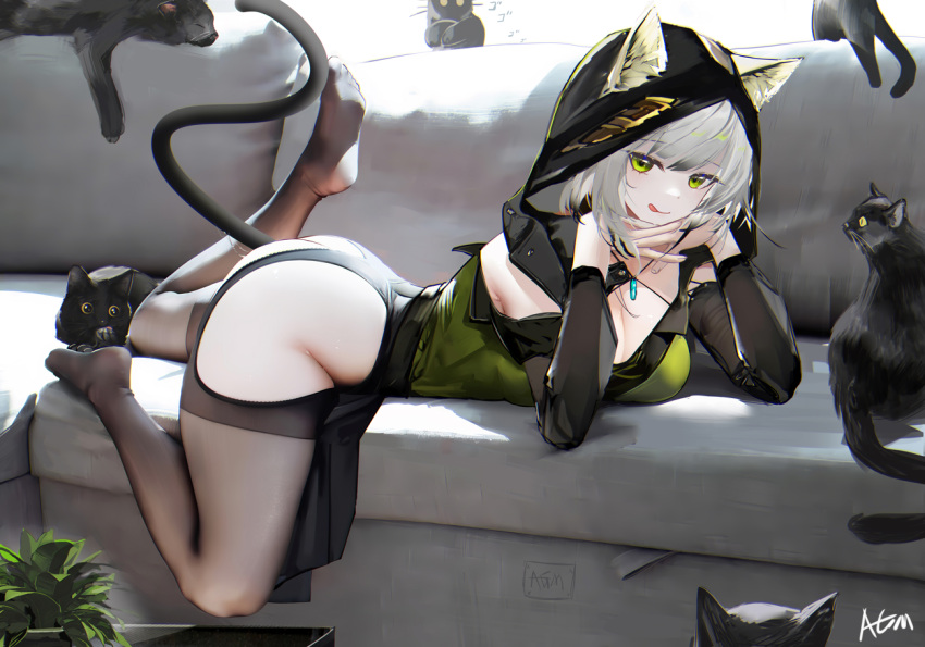 :q anal anal_object_insertion anal_tail animal animal_ear_fluff animal_ears arknights ass backless_panties black_cat black_dress black_tail black_thighhighs breasts cat_ears cat_tail chinese_commentary closed_mouth commentary_request couch dress fake_tail feet feline female green_dress green_eyes grey_hair hood hood_up hoodie jewelry kal'tsit_(arknights) looking_at_viewer lying menacing_(jojo) no_panties object_insertion official_alternate_costume omone_hokoma_agm on_couch on_stomach panties pussy_juice pussy_juice_trail signature smile soles solo tail thighhighs thighs tongue tongue_out underwear