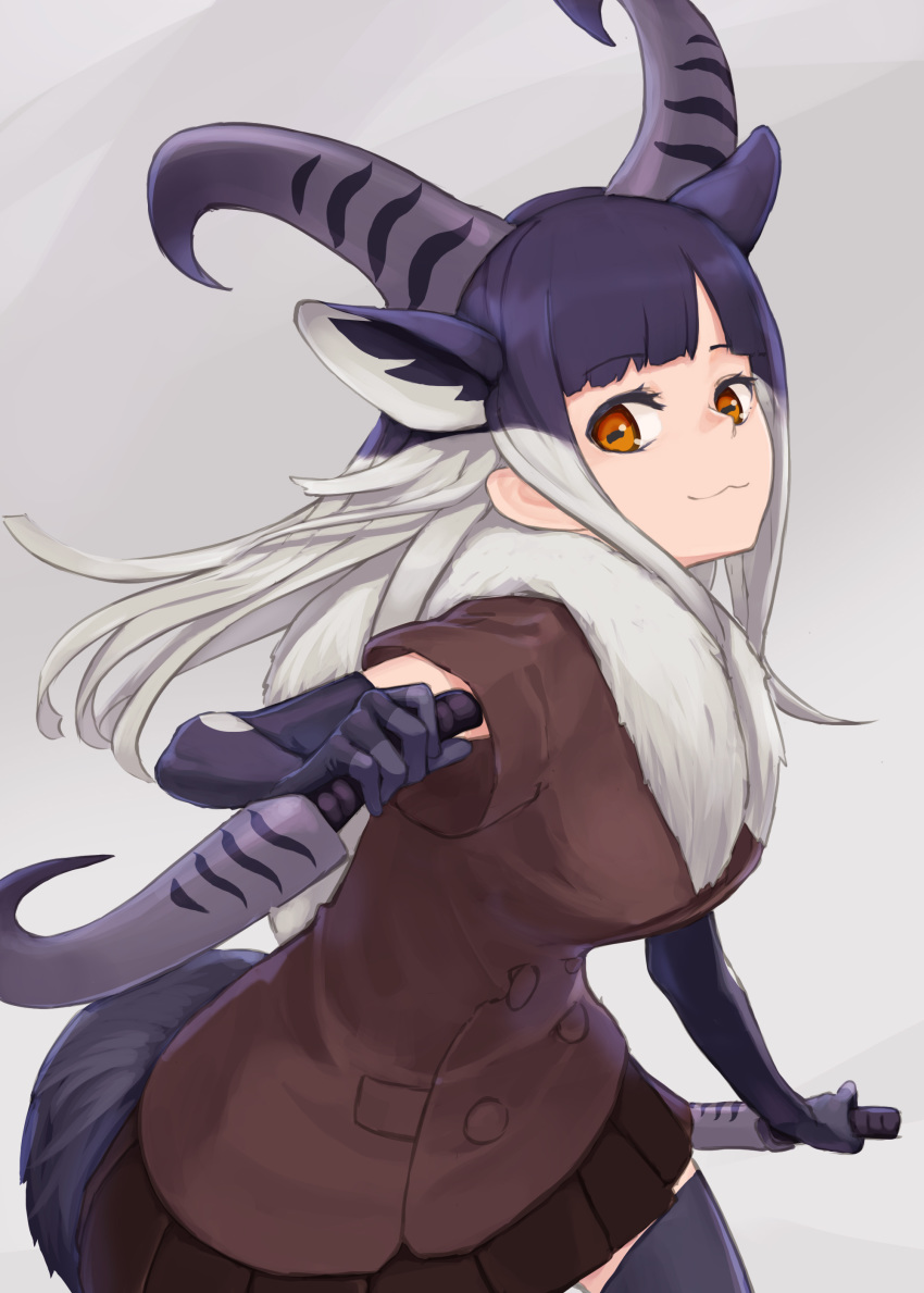 :3 absurdres animal_ears black_hair closed_mouth cowboy_shot don3 dual_wielding elbow_gloves extra_ears female fur_collar gloves grey_hair hand_up highres himalayan_tahr_(kemono_friends) holding holding_weapon horizontal_pupils horns jacket kemono_friends knife long_hair microskirt multicolored_hair orange_eyes parted_bangs photoshop_(medium) short_sleeves skirt smile solo tail thighhighs two-tone_hair weapon zettai_ryouiki