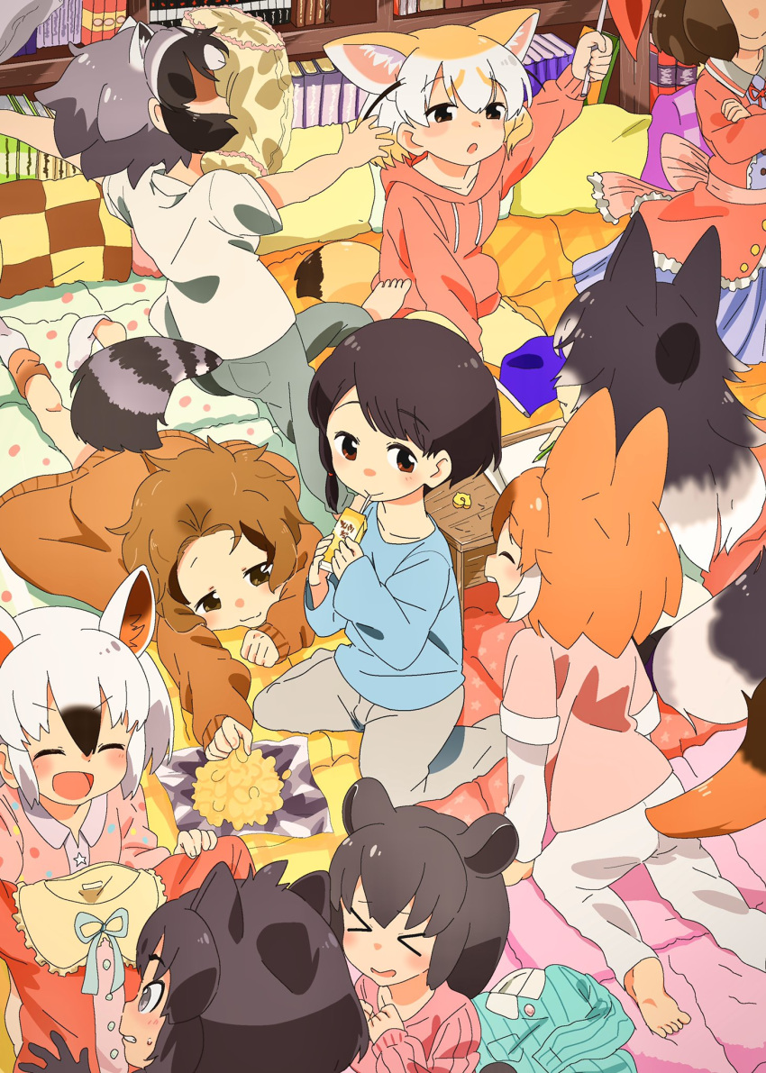 >_< 6+girls all_fours alternate_costume animal_ears back_bow barefoot black_hair black_jaguar_(kemono_friends) blanket blue_bow blue_dress blue_hair blue_pants blue_ribbon blue_sweater blush bow brown_bear_(kemono_friends) brown_eyes brown_hair brown_sweater captain_(kemono_friends) chips_(food) closed_eyes collared_dress commentary_request common_raccoon_(kemono_friends) desk dhole_(kemono_friends) dog_ears dog_girl dog_tail drawstring dress eating extra_ears fennec_(kemono_friends) food fox_ears fox_girl fox_tail frilled_dress frills grey_hair grey_pants grey_wolf_(kemono_friends) hair_tie hakoneko_(marisa19899200) highres holding holding_clothes holding_shirt hood hood_down hoodie in_the_face jaguar_ears jaguar_girl japari_symbol juice_box kemono_friends kemono_friends_3 kneeling light_brown_hair long_hair long_sleeves lying malayan_tapir_(kemono_friends) multicolored_hair multiple_girls napkin neck_ribbon no_headwear oerba_yun_fang on_stomach open_mouth pajamas pants paper pencil pillow pink_bow pink_hoodie pink_pajamas pink_sweater pleated_dress polka_dot raccoon_ears raccoon_girl raccoon_tail red_bow red_ribbon ribbon shirt short_hair sitting sleepover sleepwear sloth_(kemono_friends) sock_dangle socks southern_tamandua_(kemono_friends) sweatdrop sweater sweatpants t-shirt tail tapir_ears tapir_girl white_hair white_shirt wolf_ears wolf_girl wolf_tail yellow_pants