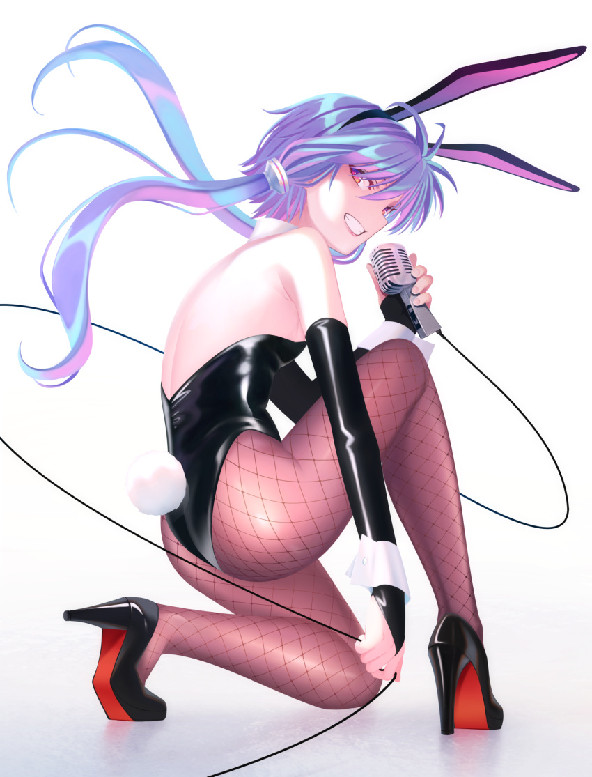 animal_ears ass bare_shoulders black_footwear black_gloves black_leotard breasts brown_pantyhose commentary_request detached_collar fake_animal_ears female fishnet_pantyhose fishnets full_body gloves high_heels highres holding holding_microphone leotard long_hair looking_at_viewer microphone mikoma_sanagi on_one_knee pantyhose playboy_bunny purple_hair rabbit_ears rabbit_tail red_eyes shoes short_hair_with_long_locks sidelocks small_breasts smile solo tail voiceroid white_background wrist_cuffs yuzuki_yukari