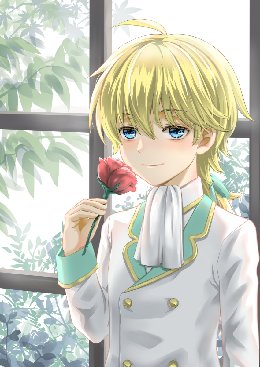 1boy aged_down ahoge ascot blonde_hair day flower formal geordo_stuart hair_ribbon highres holding holding_flower lin_dreamer lolicon long_hair male_focus otome_game_no_hametsu_flag_shika_nai_akuyaku_reijou_ni_tensei_shite_shimatta ribbon rose suit upper_body white_suit window