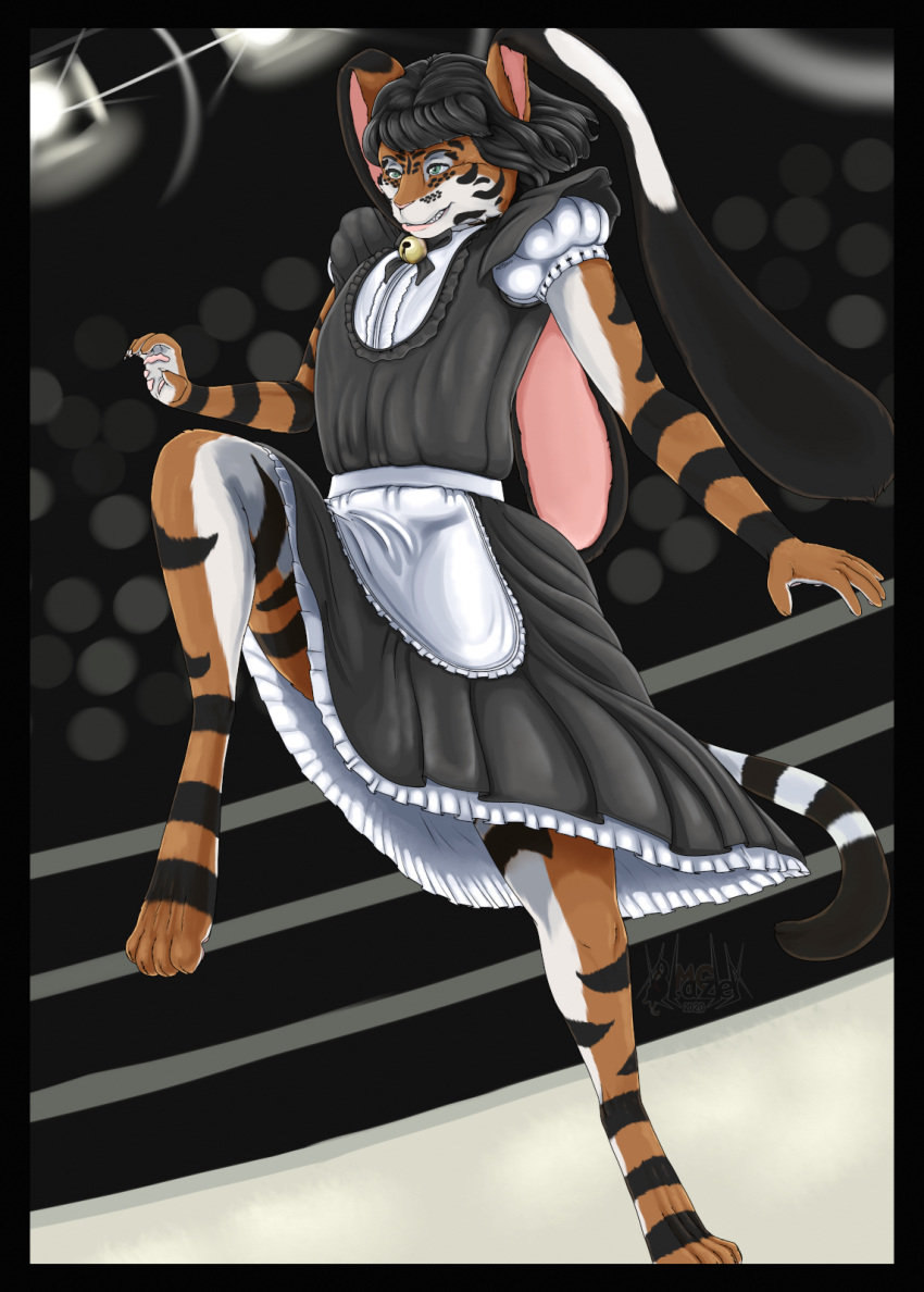 anthro black_body black_border black_fur border claws clothed clothing facial_markings femboy fighting_pose floppy_ears fur green_eyes hair head_markings hi_res hybrid long_hair lop_ears maid_uniform male markings mglblaze muay_thai orange_body orange_fur pose pupils slit_pupils solo stripes uniform white_body white_fur