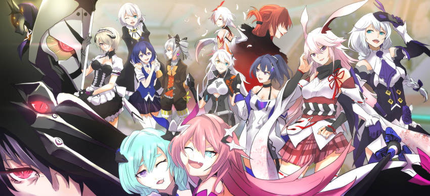 1boy 6+girls :d ahoge animal_ears apron bare_shoulders black_dress black_gloves black_hair black_jacket black_skirt blue_eyes blue_hair blue_skirt blue_vest bob_cut bow bowtie braid braided_ponytail breasts bronya_zaychik bronya_zaychik_(wolf's_dawn) brown_hair brown_jacket brown_shorts cheek-to-cheek china_dress chinese_clothes cleavage closed_mouth detached_sleeves dress drill_hair earrings fox_ears fox_mask fu_hua fu_hua_(phoenix) gloves glowing glowing_eye gray_serpent grey_eyes grey_hair grin hair_ornament hair_over_one_eye hairbow heads_together heterochromia highres honkai_(series) honkai_impact_3rd horns jackal_(honkai_impact) jacket japanese_clothes jewelry kallen_kaslana kallen_kaslana_(sixth_serenade) kiana_kaslana kiana_kaslana_(void_drifter) liliya_olenyeva long_hair long_sleeves maid maid_apron maid_headdress mask miko multiple_girls murata_himeko murata_himeko_(vermillion_knight) nun one_eye_closed open_mouth orange_bow orange_bowtie pink_hair pink_skirt ponytail purple_eyes purple_gloves purple_jacket raiden_mei raiden_mei_(striker_fulminata) raven_(honkai_impact) red_hair rita_rossweisse rita_rossweisse_(umbral_rose) rozaliya_olenyeva school_uniform seele_vollerei seele_vollerei_(swallowtail_phantasm) shirt short_sleeves shorts siblings side_ponytail single_horn skirt smile tattoo theresa_apocalypse theresa_apocalypse_(valkyrie_pledge) thighhighs twin_drills twins u-bm vest white_dress white_hair white_jacket white_shirt white_sleeves white_thighhighs yae_sakura yae_sakura_(gyakushinn_miko) yellow_eyes