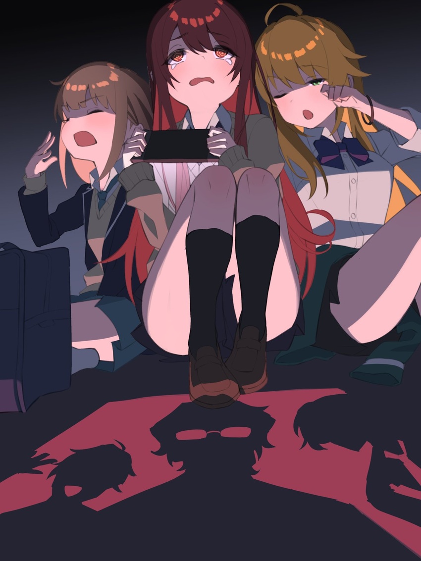 3boys 3girls @_@ ahoge bag bare_legs blazer blush cardigan cardigan_around_waist clothes_around_waist controller futaba_anzu game_controller hazama_michio highres holding holding_controller holding_game_controller hoshii_miki idolmaster idolmaster_(classic) idolmaster_cinderella_girls idolmaster_shiny_colors idolmaster_side-m jacket kneehighs knees_up loafers looking_at_another looking_up maita_rui multiple_boys multiple_girls osaki_tenka rubbing_eyes scared school_bag school_uniform shadow shoes simple_background sitting sleepy socks sumura_io tearing_up trait_connection yamashita_jiro yawning