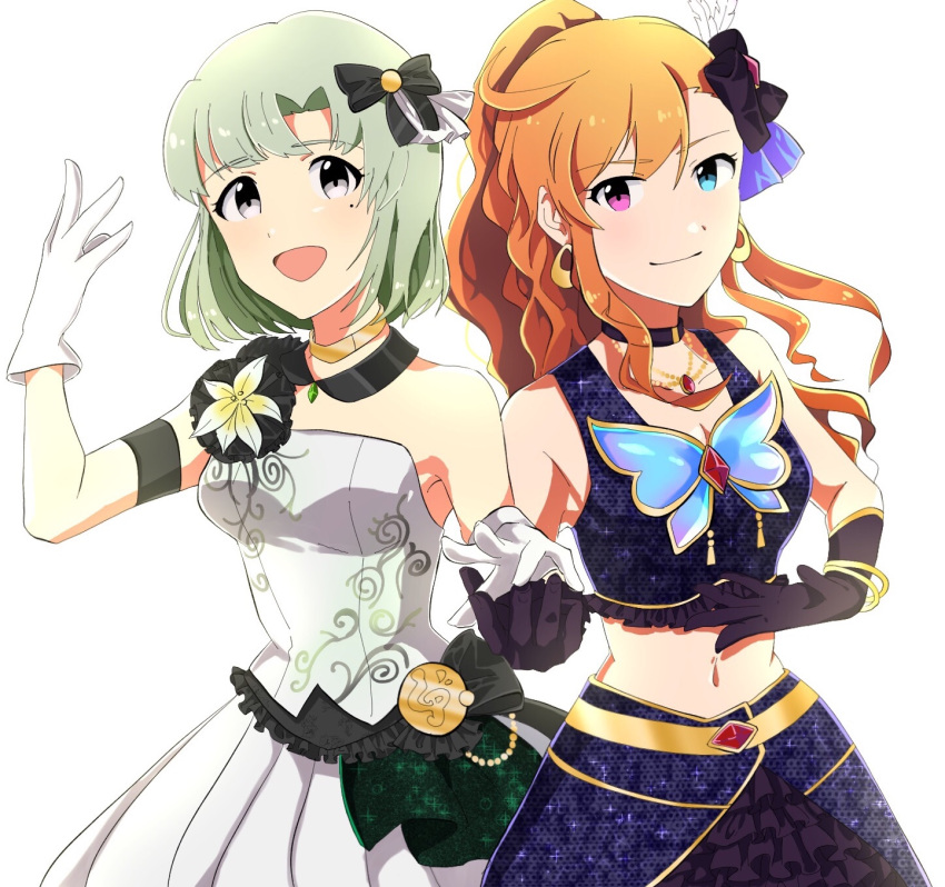 2girls :d bare_shoulders black_gloves blue_eyes blush collarbone commentary dress earrings gloves green_hair grey_eyes hair_ribbon heterochromia highres idolmaster idolmaster_(classic) idolmaster_one_for_all idolmaster_stella_stage jewelry leon_(idolmaster) long_hair looking_at_viewer midriff mole mole_under_eye multiple_girls navel necklace open_mouth orange_hair ponytail purple_eyes purple_shirt purple_skirt ribbon shiika_(idolmaster) shirt short_hair skirt sleeveless sleeveless_dress sleeveless_shirt smile strapless strapless_dress white_background white_dress white_gloves yoshino_(jakusansei)