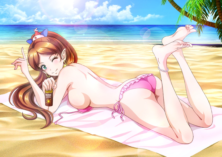 akubi-chan akubi_(hakushon_daimaou) anklet aqua_eyes ass barefoot beach beach_towel bikini breasts brown_hair cloud cloudy_sky commentary_request day earrings feet feet_up female frilled_bikini frills hair_ornament hakushon_daimaou_(series) highres hoop_earrings jewelry large_breasts legs lens_flare looking_at_viewer looking_back looking_to_the_side lotion lying ocean on_stomach one_eye_closed outdoors palm_tree parted_bangs pink_bikini pointing pointing_up pointy_ears ponytail rider_(orange_couture) sand shadow shiny_skin sideboob sidelocks sky smile soles solo sunlight sunscreen swimsuit the_pose thighs toes towel tree unworn_bikini_top yobarete_tobidete_akubi-chan