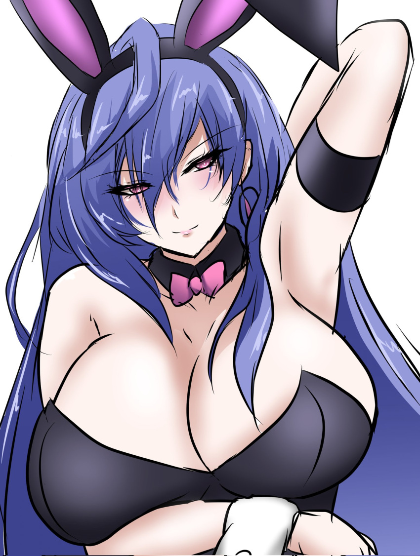 animal_ears arm_under_breasts armband armpits arms_up blue_hair blush bow bowtie breasts detached_collar detached_sleeves earrings fake_animal_ears female hair_between_eyes highres iris_heart jewelry kami_jigen_game_neptune_v large_breasts long_hair neptune_(series) pink_bow pink_bowtie pink_eyes playboy_bunny power_symbol power_symbol-shaped_pupils seshiro_(which501) simple_background solo symbol-shaped_pupils upper_body white_background