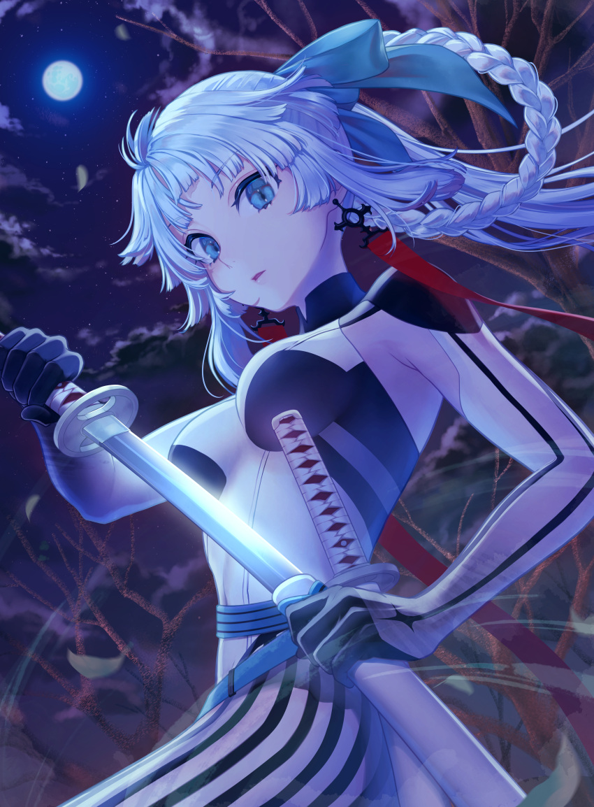 absurdres armpit_cutout bodysuit braided_hair_rings breasts clothing_cutout collared_bodysuit daisan_oujo earrings fate/grand_order fate/samurai_remnant fate_(series) female green_eyes hair_ribbon highres holding holding_weapon jewelry katana kishimen_hair long_hair looking_at_viewer medium_breasts ponytail ribbon sheath sidelocks solo striped_bodysuit sword two-tone_bodysuit unsheathing weapon white_bodysuit white_hair yui_shousetsu_(fate) yui_shousetsu_(first_ascension)_(fate)