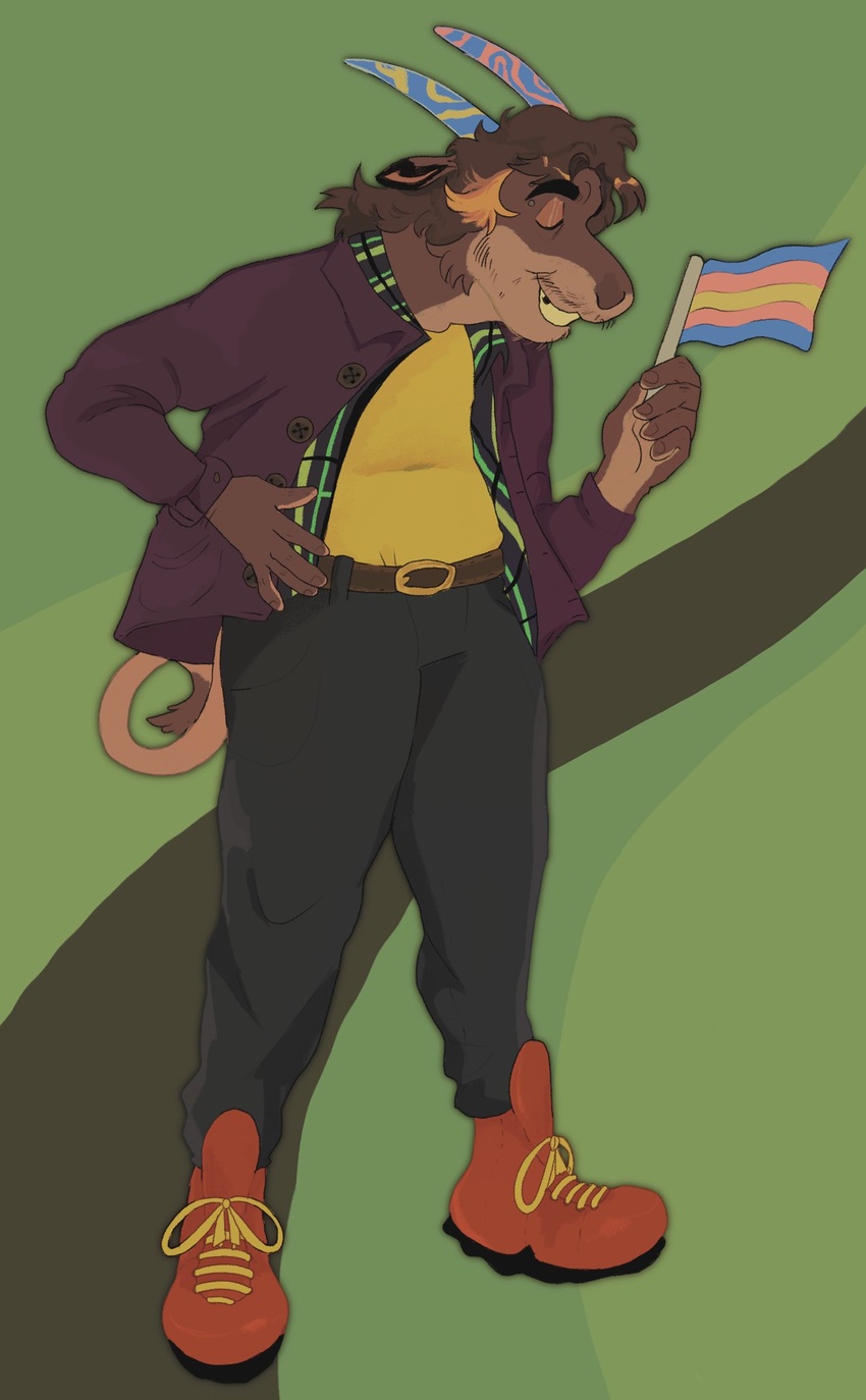 anthro bovid caprine clothed clothing goat hi_res lgbt_pride male mammal pride_colors smile solo trans_(lore) trans_man_(lore) transgender_pride_colors videonastyz