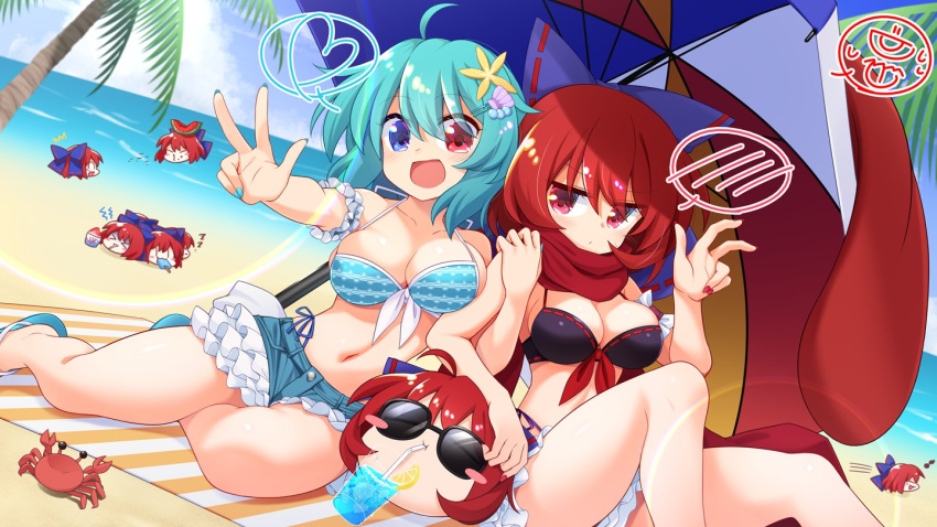 2girls beach bikini bikini_under_shorts black_bikini blue_bikini blue_eyes blue_hair bow breasts cleavage commentary_request commission crab cup disembodied_head drinking_glass eating flip-flops frills full_body hairbow heart heterochromia karakasa_obake large_breasts looking_at_viewer muchin_jousha multicolored_umbrella multiple_girls multiple_heads navel open_mouth red_eyes red_hair red_scarf ribbon-trimmed_bikini salute sandals scarf sekibanki sekibanki_(dullahan_on_the_beach) shell_hair_ornament short_hair single_sandal skeb_commission smile spoken_blush spoken_heart starfish_hair_ornament striped_bikini striped_clothes sunglasses swimsuit tatara_kogasa tatara_kogasa_(beach_umbrella_castaway) tongue touhou touhou_lostword umbrella