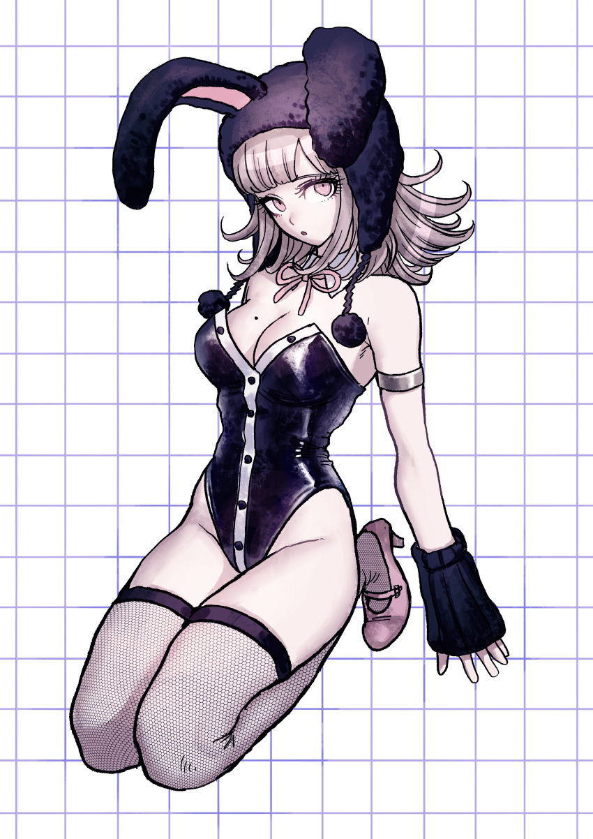 absurdres animal_ears black_leotard breasts danganronpa_(series) danganronpa_2:_goodbye_despair detached_collar fake_animal_ears female fishnet_thighhighs fishnets flipped_hair groin highres large_breasts leotard looking_at_viewer medium_hair mole mole_on_breast nanami_chiaki neck_ribbon no_hair_ornament playboy_bunny rabbit_ears ribbon solo strapless strapless_leotard thighhighs uranagi_(uranaginasi)