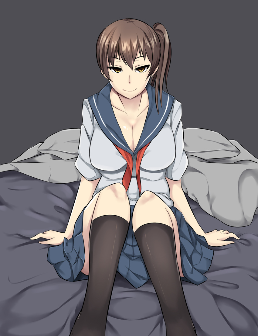 alternate_costume bad_id bad_pixiv_id bed breasts brown_hair cleavage commentary english_commentary female highres kaga_(kancolle) kantai_collection large_breasts looking_at_viewer naughty_face school_uniform serafuku side_ponytail sitting skirt smile solo wangphing yellow_eyes