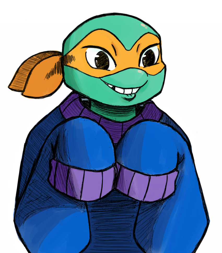 2018 anthro bandana bite biting_lip biting_own_lip box_turtle clothed clothing hi_res inkyfrog kerchief long_sleeves male mask michelangelo_(rottmnt) michelangelo_(tmnt) orange_eyes ornate_box_turtle oversized_sleeves reptile rise_of_the_teenage_mutant_ninja_turtles scalie self_bite shell simple_background sleeves_past_wrists smile solo sweater teenage_mutant_ninja_turtles tooth_gap topwear turtle white_background