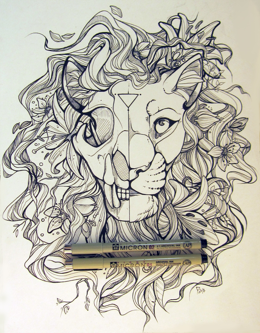 2017 art_nouveau branch casynuf fangs felid feral flower front_view fur headshot_portrait hi_res inner_ear_fluff intersection leaf line_art lion looking_up male mammal mane monochrome pantherine pen pen_(artwork) plant portrait signature solo teeth traditional_media_(artwork) tuft