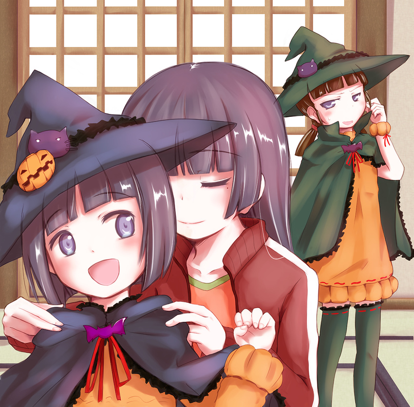 3girls black_hair brown_hair cape commentary_request gokou_hinata gokou_ruri gokou_tamaki halloween hat highres jack-o'-lantern long_hair mole mole_under_eye multiple_girls ore_no_imouto_ga_konna_ni_kawaii_wake_ga_nai pumpkin short_hair siblings sisters takatsuki_akira thighhighs twintails witch_hat