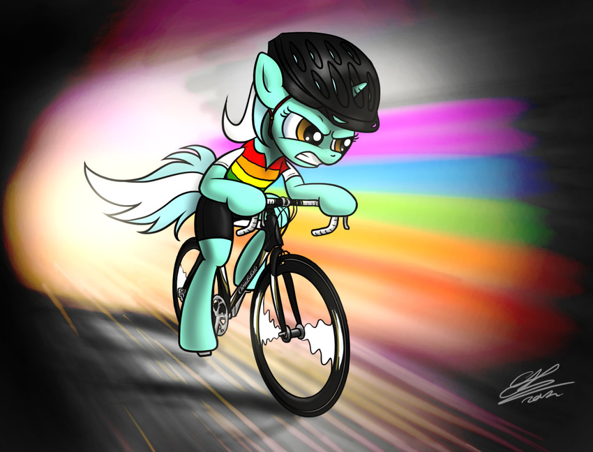 2012 abstract_background amber_eyes armor bicycle bicycle_helmet clothing cycling dori-to equid equine female feral friendship_is_magic fur green_body green_fur hair hasbro headgear helmet horn lyra_heartstrings_(mlp) mammal multicolored_hair my_little_pony mythological_creature mythological_equine mythology rainbow solo two_tone_hair unicorn vehicle