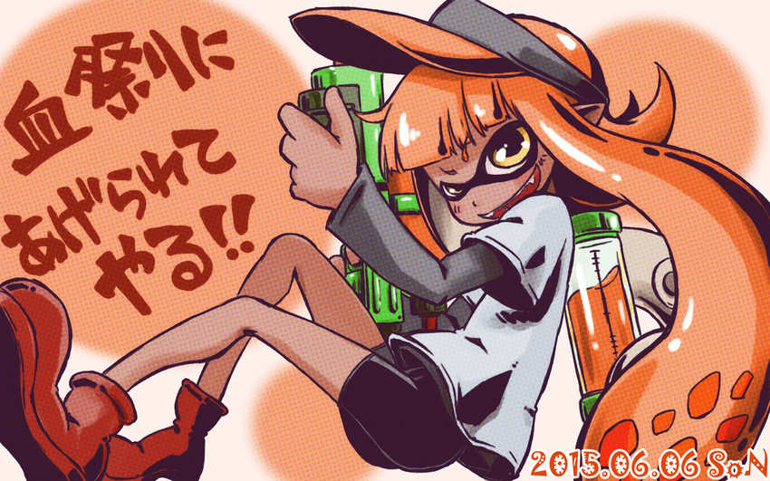 bike_shorts boots commentary_request dark_skin dated fangs female ink_tank_(splatoon) inkling inkling_girl inkling_player_character layered_sleeves long_sleeves looking_at_viewer monster_girl open_mouth orange_hair pointy_ears shirt short_over_long_sleeves short_sleeves smile sonson_(eleven) splatoon_(series) splatoon_1 splattershot_(splatoon) super_soaker t-shirt tentacle_hair visor_cap yellow_eyes