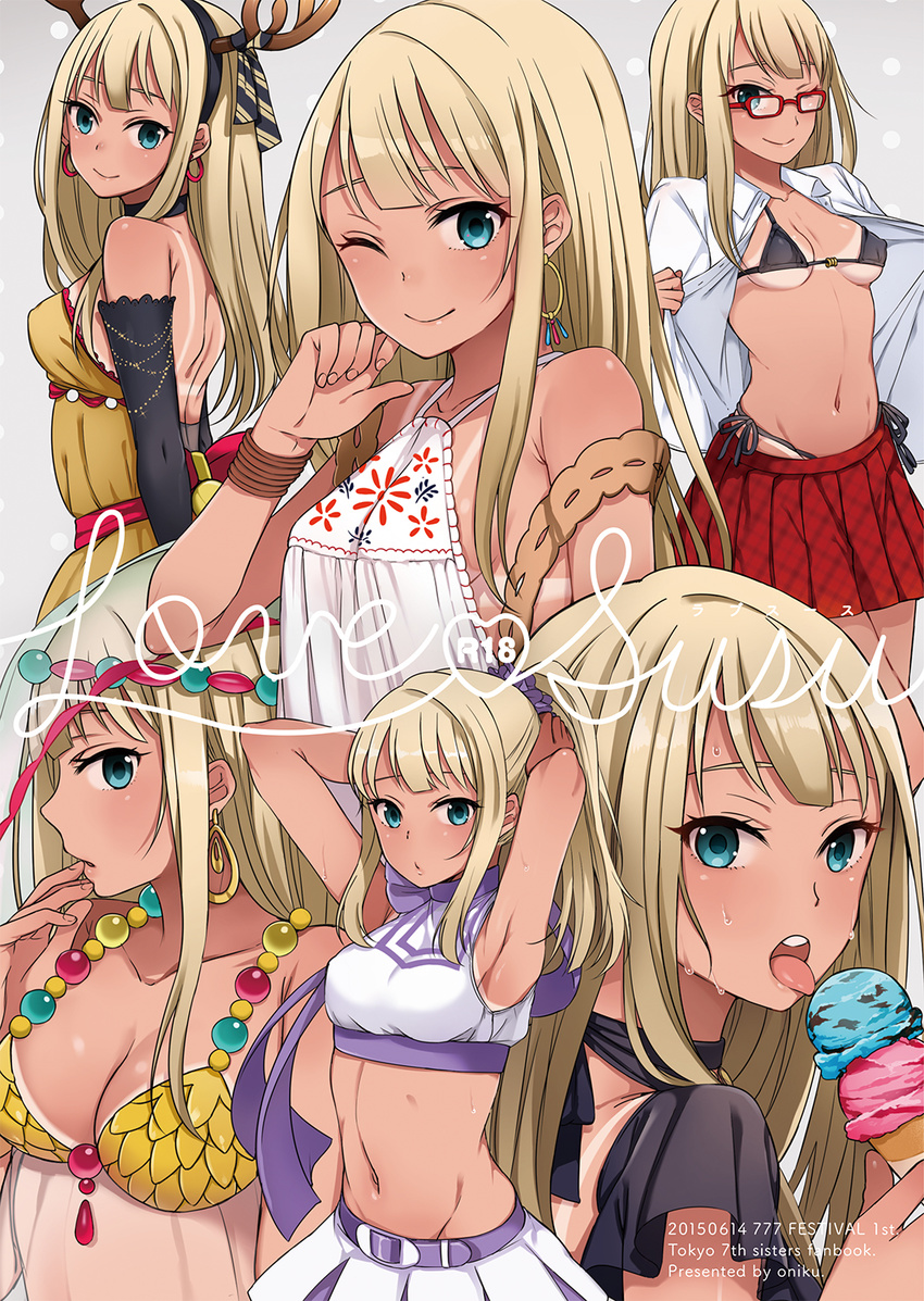 :o alessandra_susu alternate_hairstyle antlers aqua_eyes armpits arms_up bad_id bad_pixiv_id bare_shoulders bespectacled bikini blue_eyes blush body_blush breasts cheerleader cleavage cocoro_magical collage cover cover_page crop_top double_scoop doujin_cover earrings female food glasses highres hoop_earrings horns ice_cream ice_cream_cone jewelry long_hair looking_at_viewer medium_breasts micro_bikini midriff multiple_views navel one_eye_closed oniku_(oishii_oniku) open_clothes open_shirt photoshop_(medium) platinum_blonde_hair ponytail shirt side-tie_bikini_bottom sideboob skirt smile sweat swimsuit tan tanlines tokyo_7th_sisters undressing