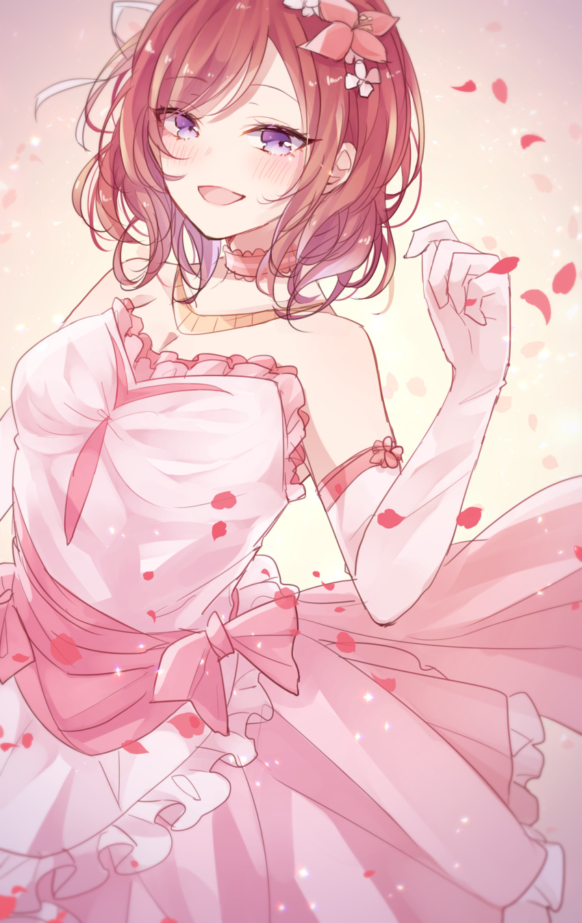 bare_shoulders blush bokutachi_wa_hitotsu_no_hikari choker commentary dress elbow_gloves eyes_visible_through_hair female flower frilled_dress frills gloves hair_flower hair_ornament happy_birthday highres jewelry love_live! love_live!_school_idol_project necklace nishikino_maki open_mouth petals pink_dress purple_eyes red_hair short_hair sleeveless sleeveless_dress smile solo two-tone_background upper_body watoson white_gloves