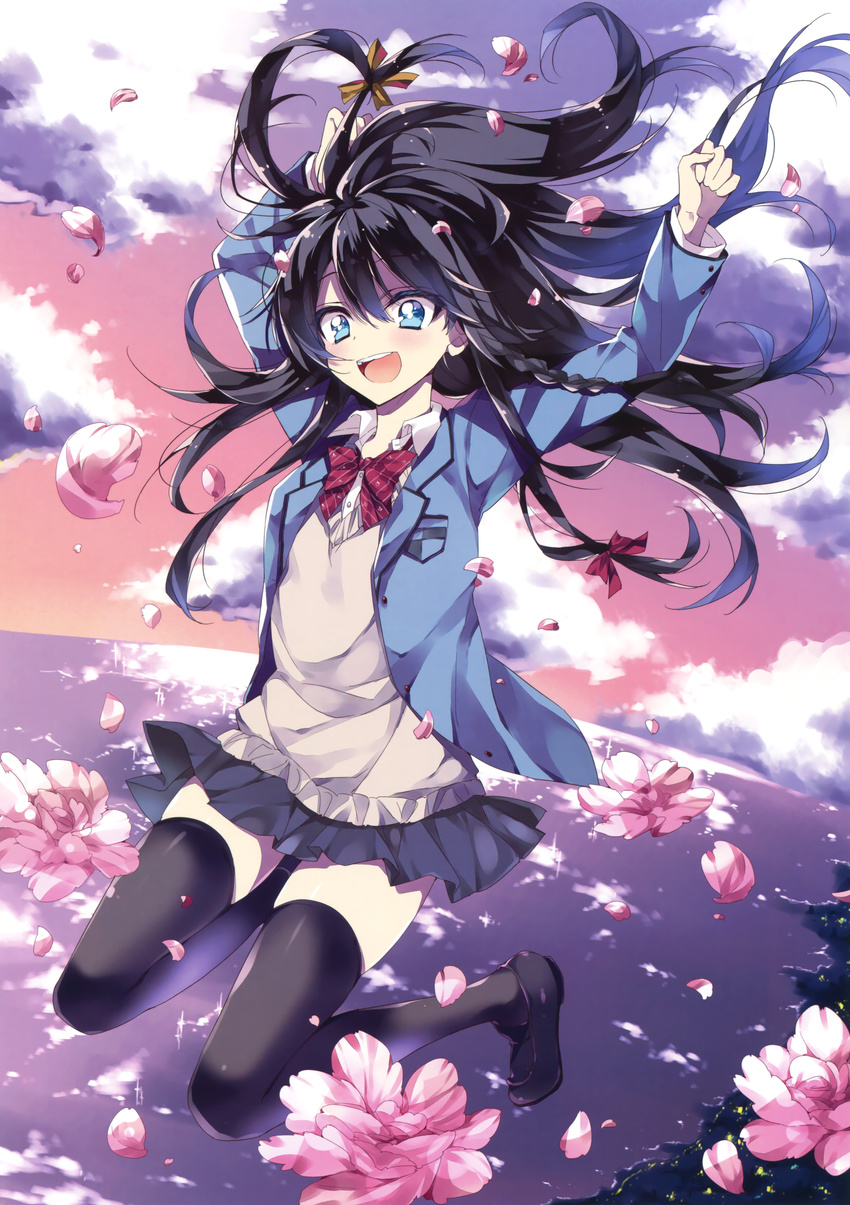 :d absurdres anapom arms_up black_hair black_thighhighs blue_eyes braid female flower hair_ribbon highres loafers long_hair miniskirt open_mouth original ribbon shoes skirt smile solo teeth thighhighs zettai_ryouiki