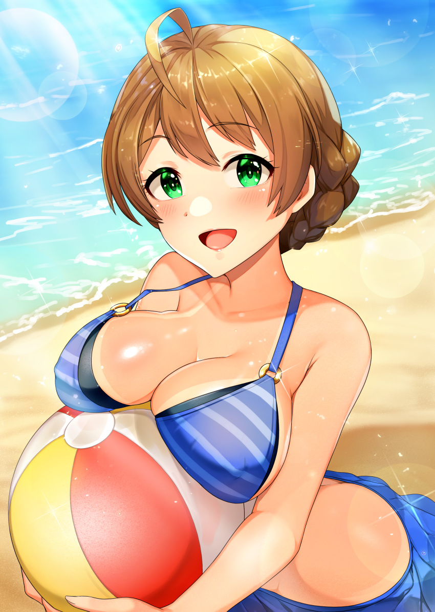 absurdres ahoge bad_id bad_pixiv_id ball bare_shoulders beach beachball bikini blue_bikini blush braid breasts cleavage collarbone commentary_request day female green_eyes hair_between_eyes highres holding idolmaster idolmaster_million_live! idolmaster_million_live!_theater_days jai_(whany1998) large_breasts light_brown_hair looking_at_viewer o-ring ocean open_mouth outdoors photoshop_(medium) sakuramori_kaori smile solo sparkle striped_bikini striped_clothes sunlight swimsuit tan tanlines tied_hair