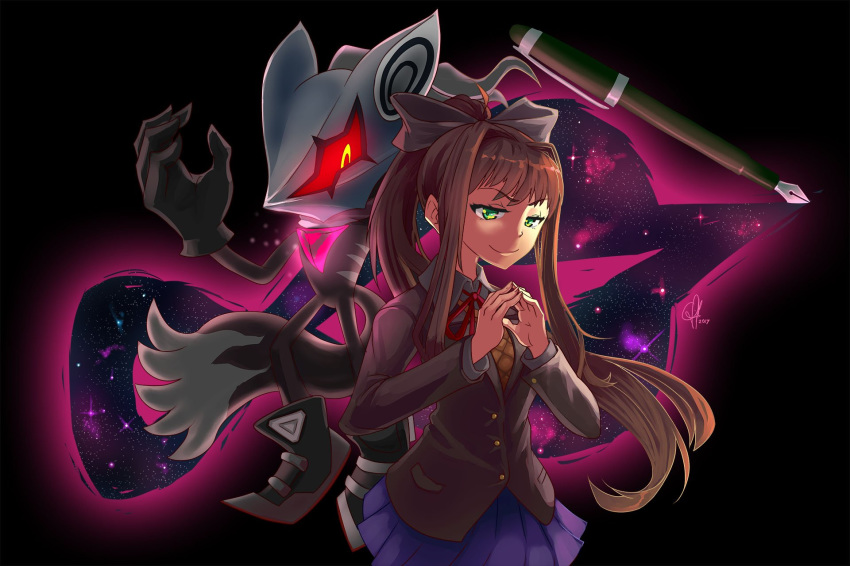 3:2 anthro big_ears bottomwear bow_(feature) canid canine canis claws clothed clothing crossover doki_doki_literature_club! duo female footwear fur gloves glowing glowing_eyes green_eyes hair handwear headgear hi_res human humanoid_pointy_ears infinite_(sonic) jackal long_hair looking_at_viewer male mammal mask monika_(doki_doki_literature_club!) pen sega shirt shoes skirt smile sonic_forces sonic_the_hedgehog_(series) standing team_salvato topwear triple-q yellow_eyes