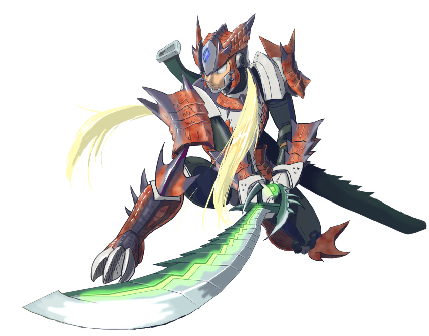 1boy adapted_costume armor blonde_hair blue_eyes capcom commentary_request crossover full_body highres holding holding_sword holding_weapon hudy8358 japanese_armor long_hair male_focus mega_man_(series) mega_man_x_(series) monster_hunter_(series) monster_hunter_xx rathalos_(armor) serious sheath shoulder_armor shoulder_spikes simple_background sode solo spiked_armor spikes standing sword weapon white_background zero_(mega_man)