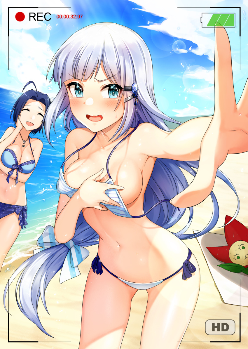 2girls absurdres ahoge bad_id bad_pixiv_id bare_shoulders bikini blue_bikini blue_eyes blue_hair blue_sky blush breast_hold breasts cleavage closed_eyes collarbone commentary_request covering_breasts covering_privates day grey_hair hair_ornament hairclip highres idolmaster idolmaster_(classic) idolmaster_million_live! idolmaster_million_live!_theater_days jai_(whany1998) jewelry large_breasts long_hair looking_at_viewer medium_breasts miura_azusa multiple_girls necklace ocean open_mouth outdoors outstretched_arm parted_bangs photoshop_(medium) recording shiraishi_tsumugi short_hair sky smile striped_bikini striped_clothes sunlight swimsuit wardrobe_malfunction white_bikini