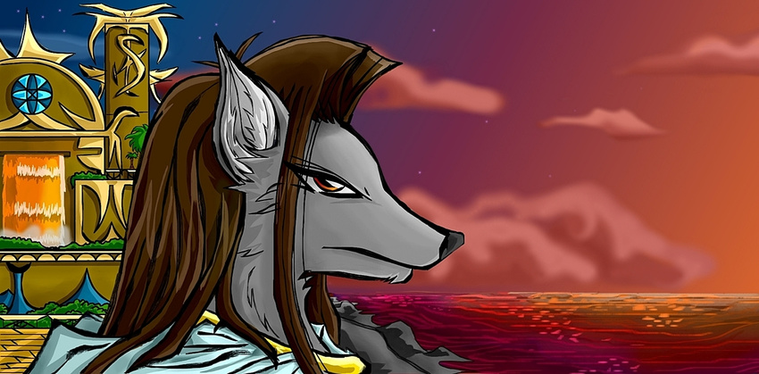 2015 ambiguous_gender anthro canid canine canis digital_media_(artwork) fur hair long_hair mammal plutan sea sellon sky solo sunset water wolf