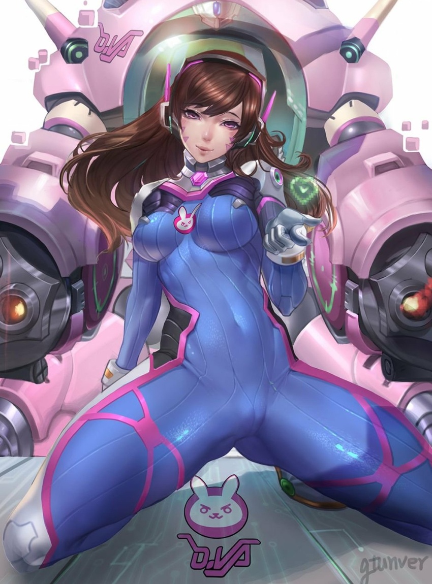 <3 2016 blizzard_entertainment bodysuit brown_hair d.va face_markings gloves gtunver headset long_hair looking_at_viewer medium_breasts meka overwatch pink_eyes pointing_at_viewer thunder_thighs