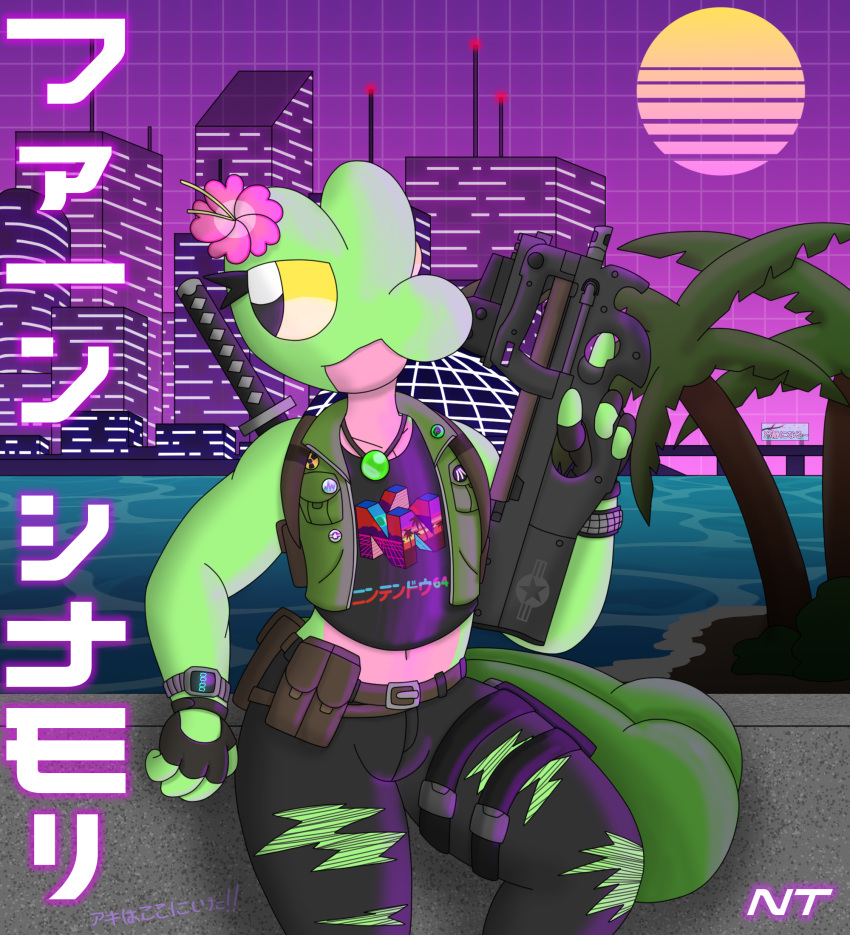 anthro beach belly bottomwear bracelet city city_background cityscape clock clothed clothing crop_top denim denim_bottomwear denim_clothing eyelashes female fern_shinamori fingerless_gloves generation_3_pokemon gloves graffiti graphic_tee green_body gun handwear head_flower hi_res holding_gun holding_object holding_ranged_weapon holding_weapon holster japanese_text jeans jewelry katakana katana leaning_on_object leaning_on_wall melee_weapon multi_tail necklace ninjatreecko nintendo nintendo_64 open_clothing open_topwear open_vest outside p90 palm_tree pants pink_belly plant pokemon pokemon_(species) pokemorph ranged_weapon reptile scalie seaside shirt smile solo standing submachine_gun sun sword synthwave tail tank_top text topwear torn_bottomwear torn_clothing torn_jeans torn_pants tree treecko trigger_discipline vest watch water weapon weapon_on_back yellow_eyes