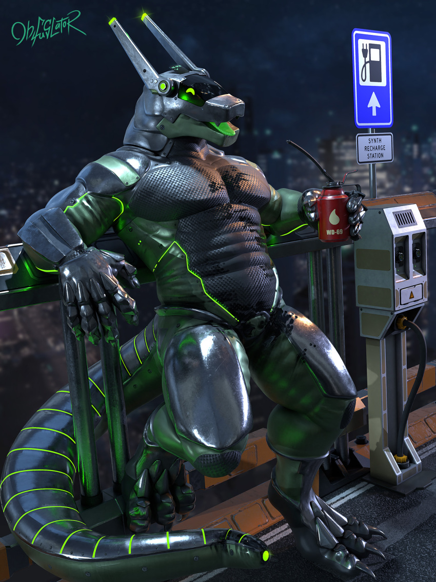 3:4 3d_(artwork) android anthro armor armrest bent_arm beverage cc-by-nc-nd city creative_commons dark_body detailed_background digital_media_(artwork) dirty dragon drinking fence glistening glistening_body green_body green_eyes happy hi_res latex latex_body looking_at_viewer machine male metal metallic_body muscular muscular_anthro muscular_male mythological_creature mythological_scalie mythology night obfuscator oil oil_can open_mouth outside robot scalie science_fiction sign sky skyline smile solo station synth_(vader-san) tail tongue vesper