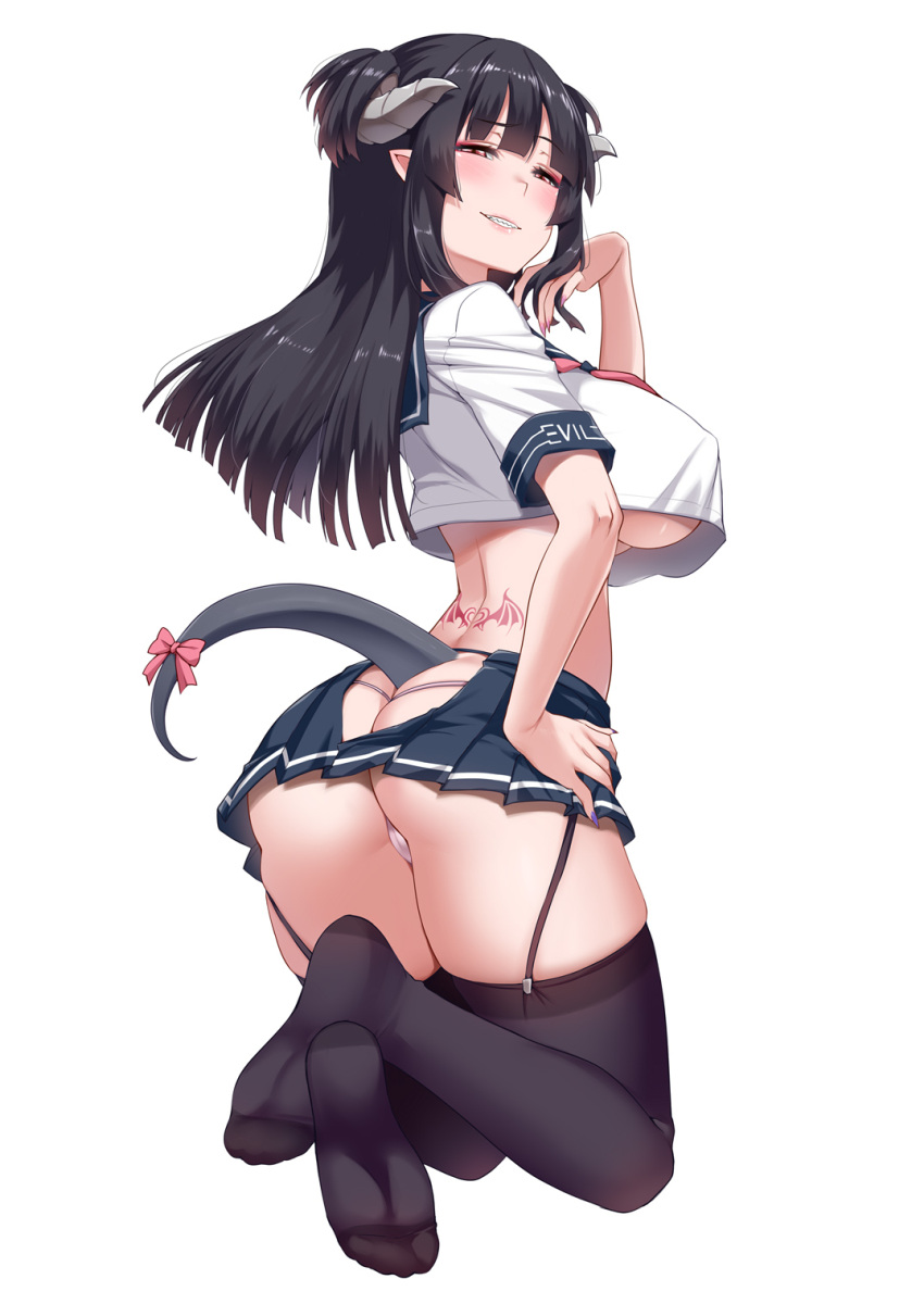 ass back black_hair black_thighhighs blunt_bangs blush breasts crop_top crop_top_overhang darkmaya demon_girl english_text female from_behind garter_straps grin half-closed_eyes hand_on_own_hip highres horns kneeling large_breasts long_hair looking_at_viewer looking_back microskirt miniskirt no_bra original pink_nails pleated_skirt pointy_ears purple_nails red_eyes sailor_collar school_uniform serafuku sharp_teeth simple_background skirt skirt_cutout smile soles solo tail tattoo teeth thighhighs thong two_side_up underboob white_background