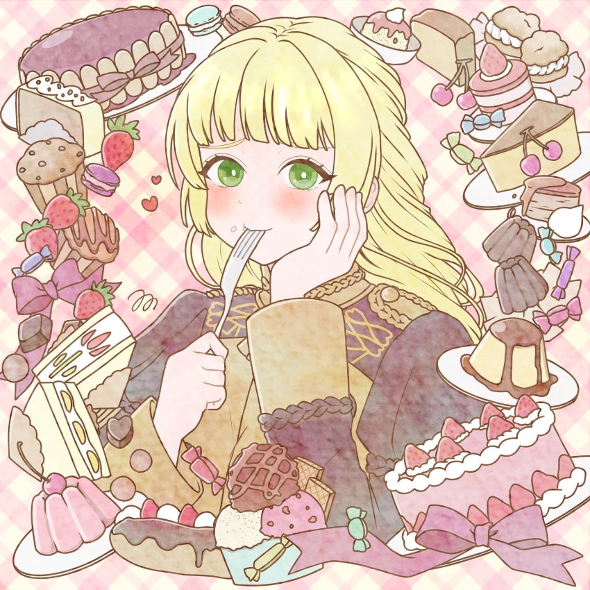 blonde_hair blunt_bangs blush bow cake candy canele castella_(food) charlotte_cake cherry chocolate cream cream_on_face cream_puff cupcake eating eclair_(food) female fire_emblem fire_emblem:_three_houses food food_on_face fork fruit fruit_sandwich garreg_mach_monastery_uniform gelatin green_eyes hand_on_own_cheek hand_on_own_face heart heart-shaped_chocolate highres holding holding_fork ice_cream ingrid_brandl_galatea long_hair looking_at_viewer m0fa0 macaron muffin plaid plaid_background pudding solo strawberry triple_scoop upper_body utensil_in_mouth