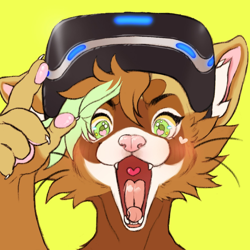 1:1 5_fingers alex_ferret anthro domestic_ferret electronics fingers green_eyes green_hair hair happy headgear headphones headset heart_symbol ichigodawashi icon male mammal mustelid musteline open_mouth pawpads pink_pawpads playstation_vr smile solo tongue tongue_out true_musteline virtual_reality vr_headset weasel