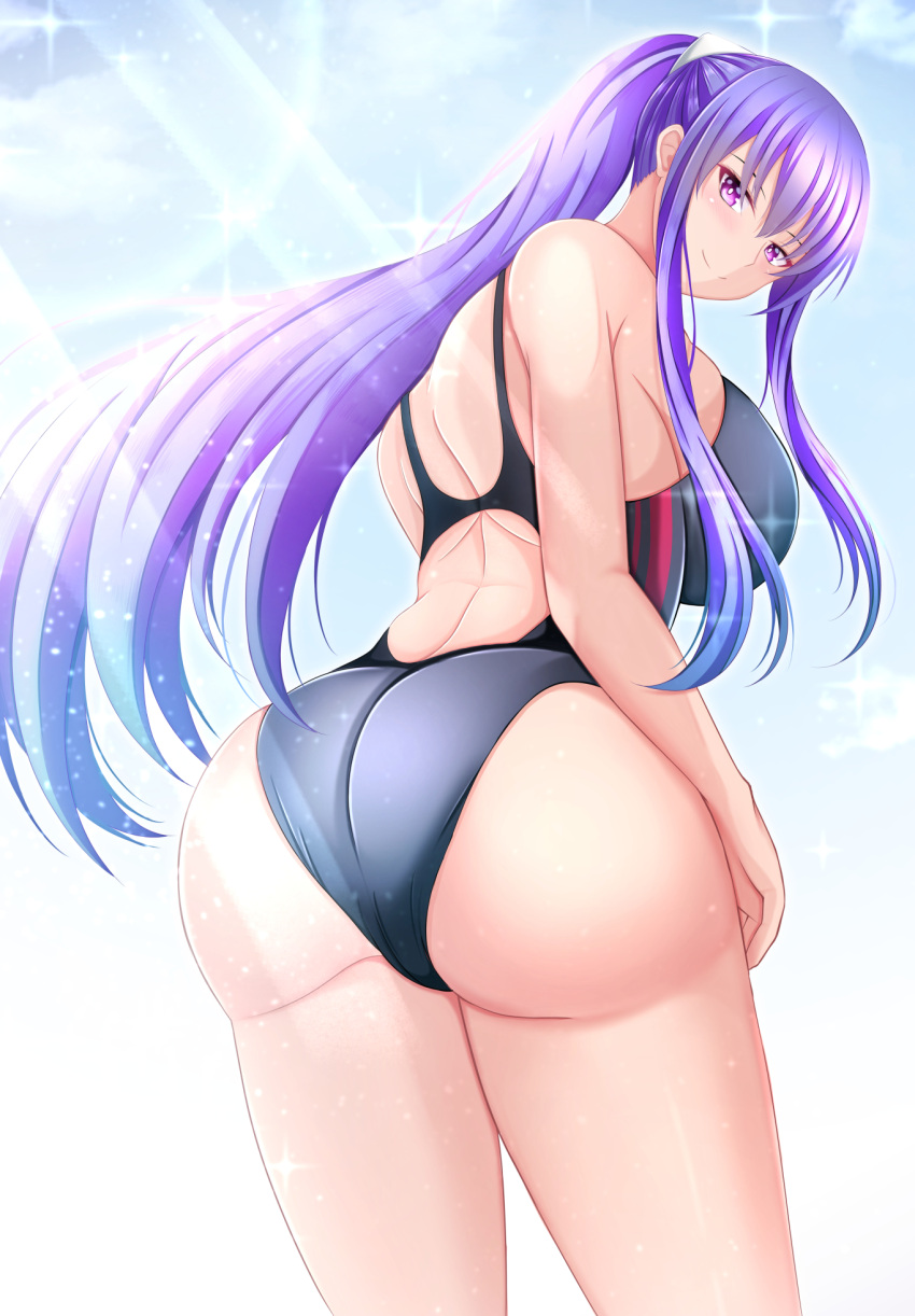 akiyama_rinko ass bare_legs blue_hair blue_sky blush breasts cloud cloudy_sky competition_swimsuit female highleg highres kanna_(minamozuki) large_breasts leotard long_hair looking_at_viewer looking_back one-piece_swimsuit ponytail purple_eyes sideboob sidelocks sky smile solo sunlight swimsuit taimanin_(series) taimanin_yukikaze very_long_hair