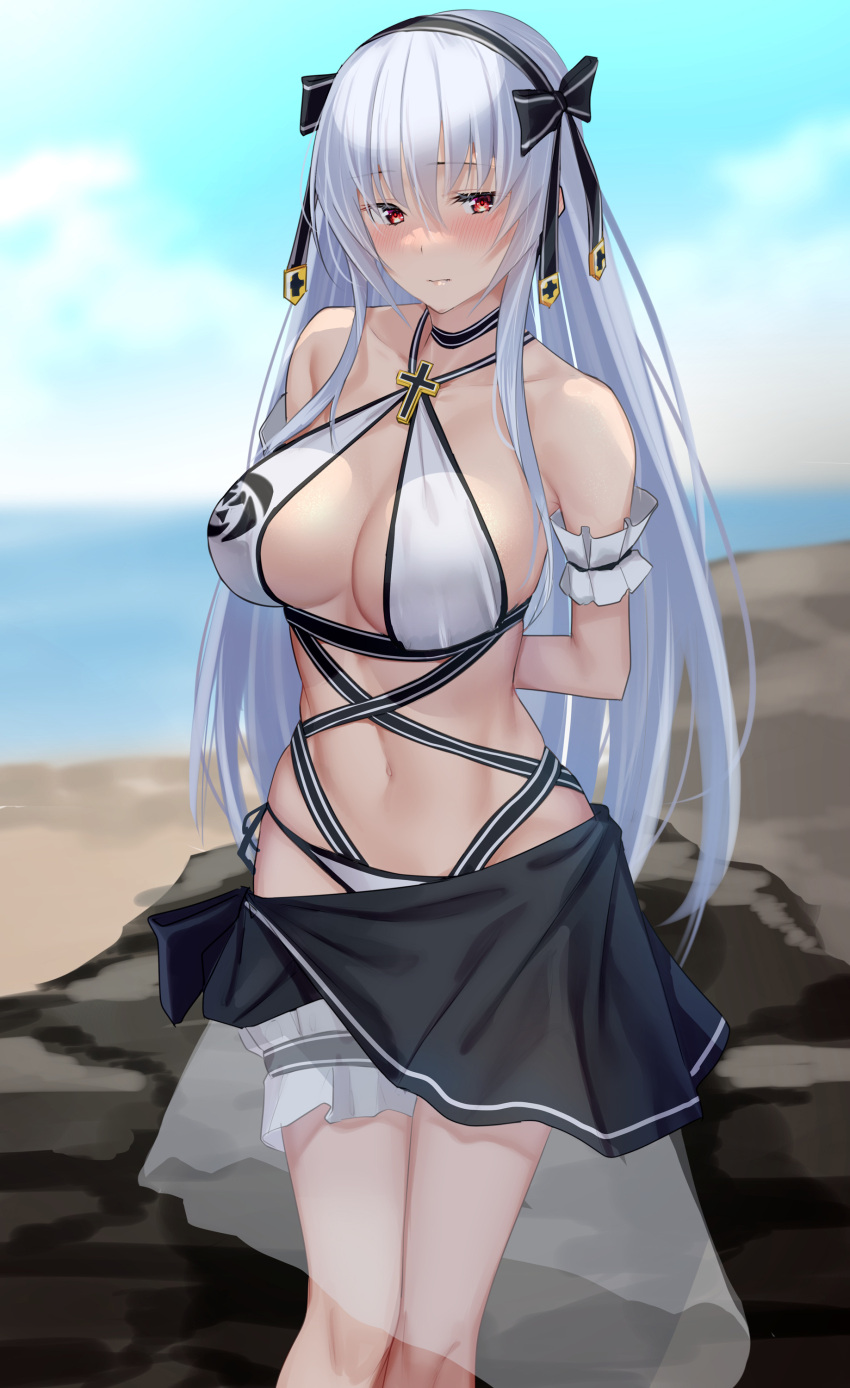 absurdres arms_behind_back bad_id bad_pixiv_id bare_shoulders bikini blush breasts cleavage closed_mouth collarbone cosmic_break day female hair_ornament highres ivis large_breasts long_hair looking_at_viewer navel outdoors pallad red_eyes solo standing swimsuit swimsuit_ivis thigh_strap white_bikini white_hair