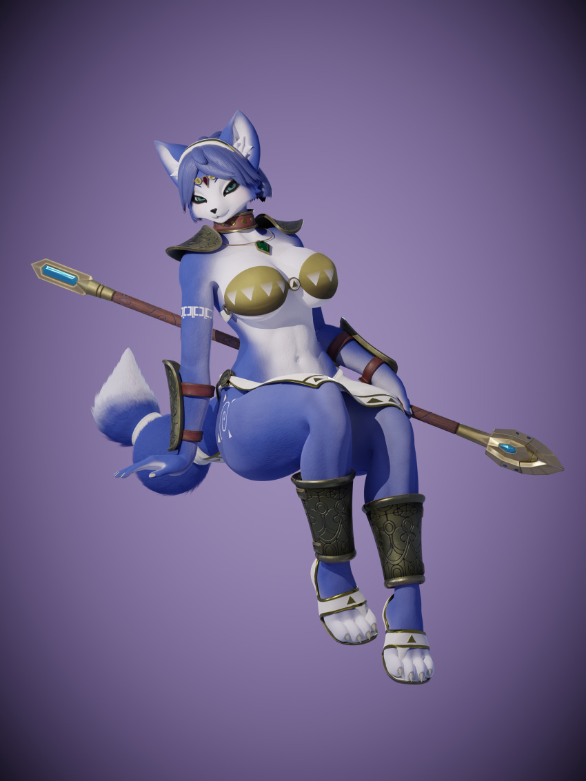 2023 3:4 3d_(artwork) 4_toes absurd_res accessory anthro arkham_(artist) big_breasts blue_body blue_fur blue_hair bottomwear breasts canid canine claws clothing collar digital_media_(artwork) dipstick_tail feet female fingernails footwear fox fur furgonomics green_eyes hair hi_res holding_object huge_breasts jewelry krystal's_staff krystal_(dogzeela) krystal_(star_fox) loincloth looking_at_viewer mammal markings nails navel necklace nintendo purple_background sandals simple_background solo star_fox tail tail_accessory tail_markings tailband toe_claws toes tribal tribal_clothing tribal_markings white_body white_fur white_tail_tip