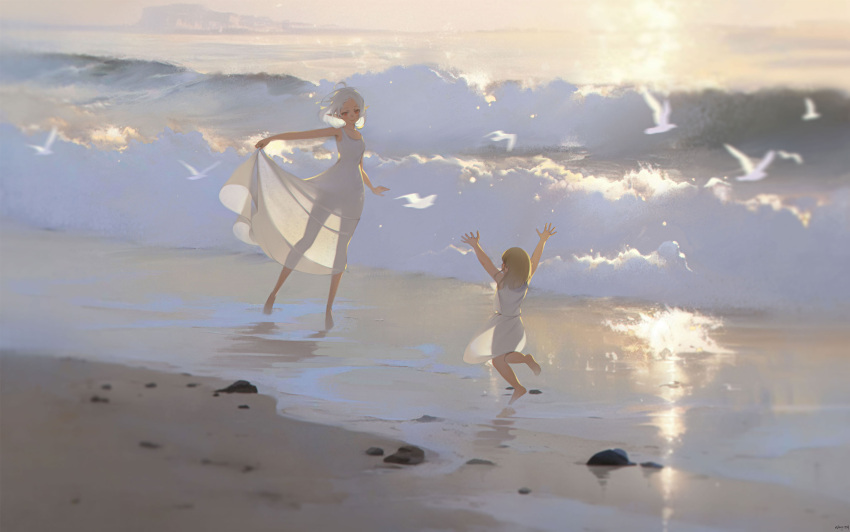 2girls ahoge arms_at_sides arms_up artist_name barefoot beach bird blonde_hair closed_mouth dress highres lolicon looking_at_viewer lucy_greyrat medium_hair mother_and_daughter multiple_girls mushoku_tensei no_bra no_panties ocean outdoors pointy_ears red_eyes sand seabird seagull see-through see-through_dress shore skirt_hold spoilers sylphiette_(mushoku_tensei) wangza waves white_dress white_hair