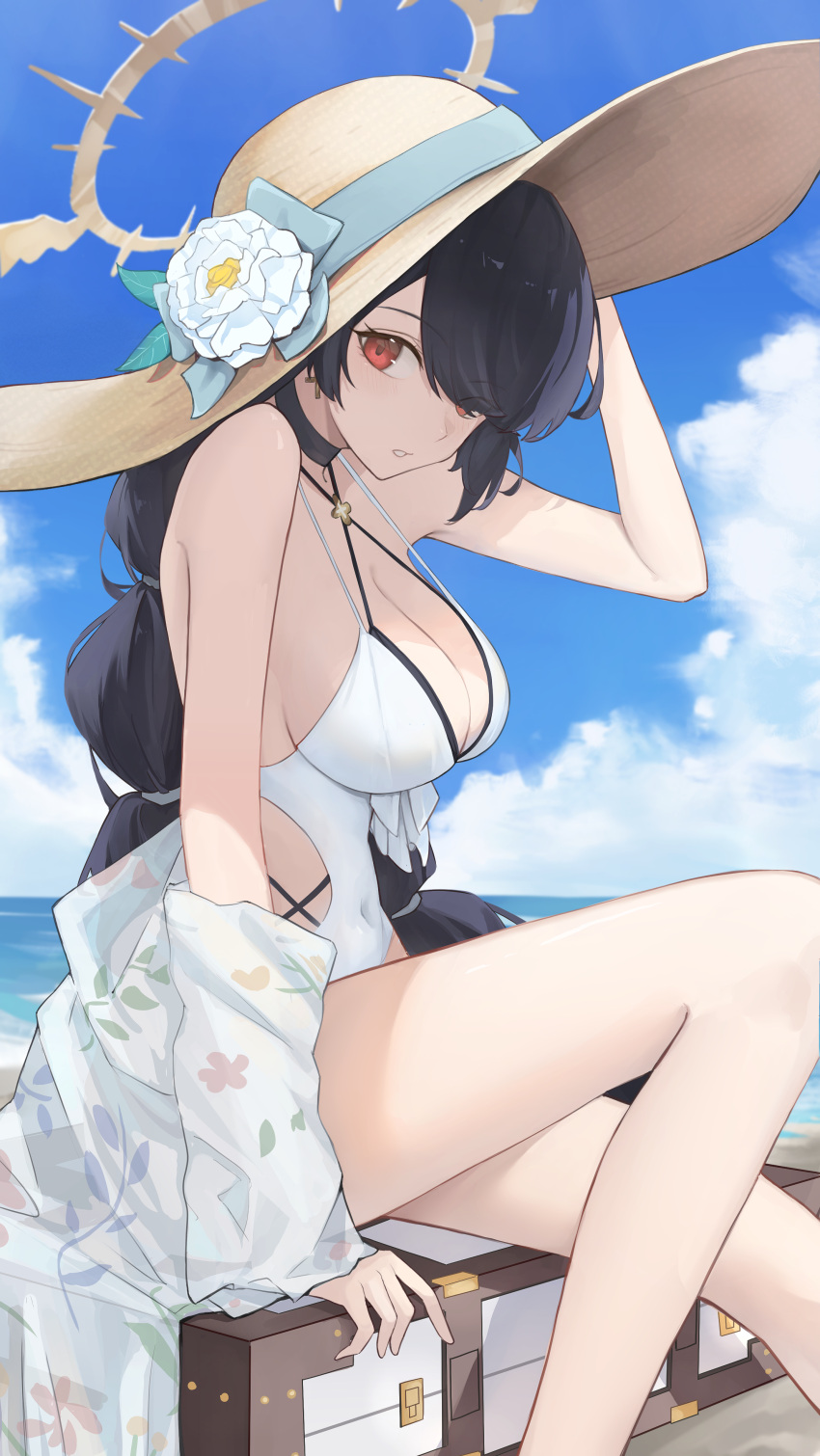 absurdres beach black_hair blue_archive blue_sky blush braid braided_ponytail breasts casual_one-piece_swimsuit cleavage clothing_cutout cloud commentary criss-cross_halter cross cross_earrings day earrings feet_out_of_frame female flower gmi_(jimmyovob) hair_flower hair_ornament hair_over_one_eye halo halterneck hat highres hinata_(blue_archive) hinata_(swimsuit)_(blue_archive) jewelry large_breasts legs long_hair looking_at_viewer looking_back ocean official_alternate_costume one-piece_swimsuit one_eye_covered outdoors red_eyes side_cutout sitting sky solo sun_hat swimsuit very_long_hair white_flower white_one-piece_swimsuit yellow_halo yellow_hat