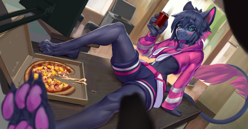 anthro beverage felid feline food hi_res kitchen lion male mammal nebaglubina pantherine pawpads paws pizza solo