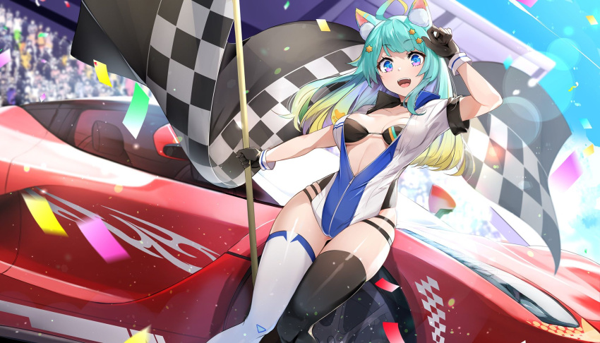 :d ahoge animal_ear_fluff animal_ears aqua_hair arm_up ass_visible_through_thighs asymmetrical_legwear bikini bikini_top_only black_bikini black_choker black_gloves black_legwear blue_eyes breasts car cat_ears checkered_flag choker collarbone confetti day female ferrari ferrari_laferrari flag full-length_zipper gloves gradient_hair hair_ornament highres holding jacket lanmewko luse_maonang medium_breasts mismatched_legwear motor_vehicle multicolored_hair open_clothes open_jacket open_mouth original outdoors outstretched_arm partially_unzipped race_queen race_vehicle racecar short_sleeves skindentation smile solo string_bikini swimsuit thigh_gap thighhighs thighs white_jacket white_legwear zipper