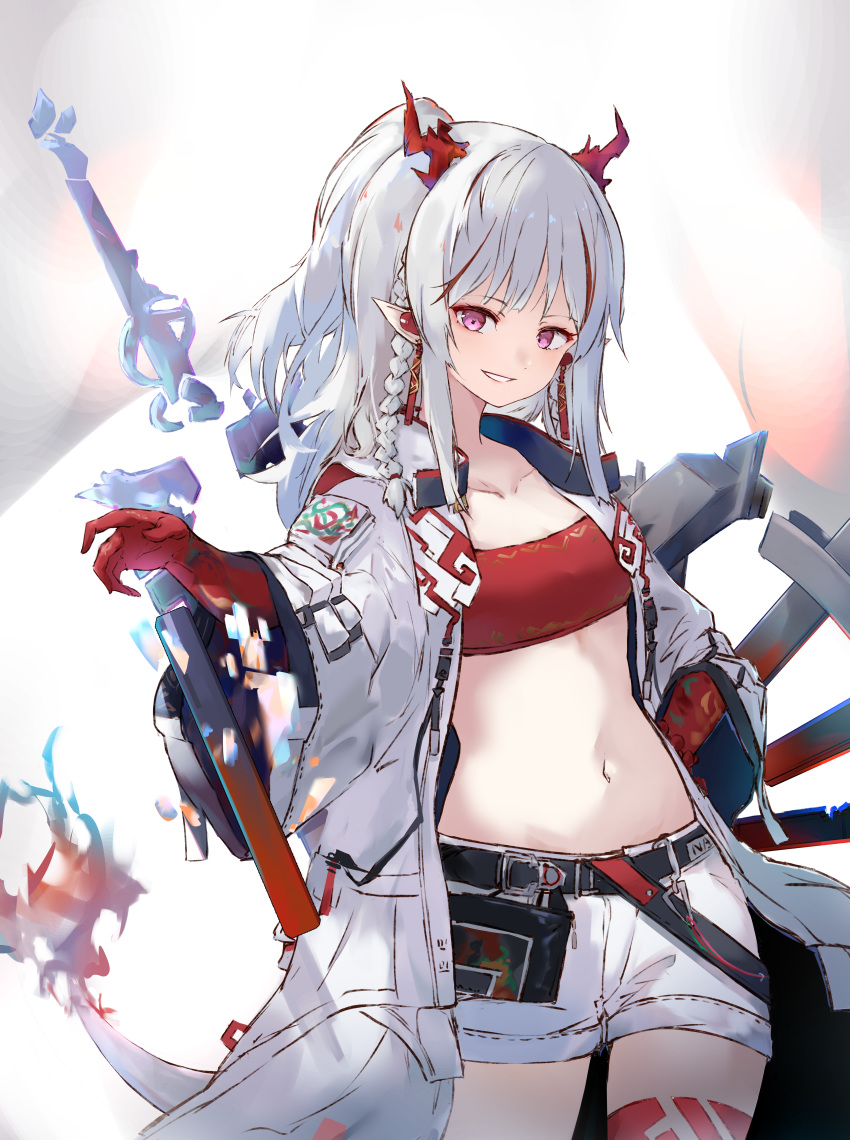 absurdres arknights bad_id bad_pixiv_id bandeau belt belt_pouch braid breasts coat collarbone colored_skin commentary cowboy_shot crop_top dragon_horns dragon_tail earrings female fujimaki_nora grin hand_on_own_hip highres horns jewelry long_hair looking_at_viewer midriff multicolored_hair navel nian_(arknights) open_clothes open_coat pink_eyes pointy_ears ponytail pouch red_bandeau red_hair red_skin red_tube_top short_shorts shorts side_braids simple_background small_breasts smile solo strapless streaked_hair tail tassel tassel_earrings thighs tube_top twin_braids two-tone_hair white_background white_coat white_shorts