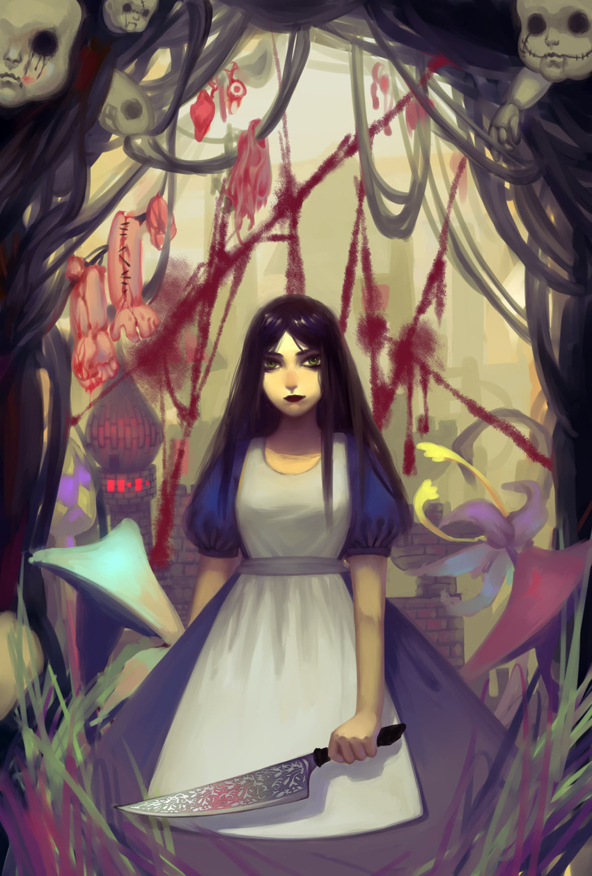 alice:_madness_returns alice_liddell_(american_mcgee's_alice) american_mcgee's_alice apron black_hair blood breasts castle closed_mouth dress female highres knife lipstick long_hair looking_at_viewer makeup mushroom puffy_sleeves solo wei_li