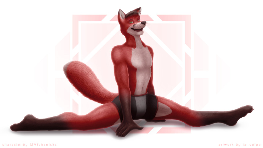 16:9 2020 anthro black_body black_fur black_hair black_nose canid canine claws clothed clothing dipstick_tail flexibility flexible fox full-length_portrait fur geometric_background green_eyes hair hands_on_ground la_volpe looking_at_viewer looking_forward male mammal markings michanicks_(fursona) notched_ear open_mouth portrait red_body red_fur russian signature simple_background smile solo splits spread_legs spreading tail tail_markings text toe_claws topless underwear whiskers white_body white_fur widescreen