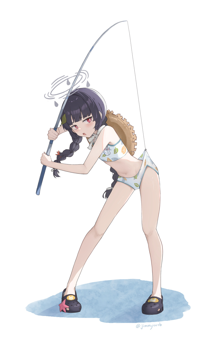 absurdres bikini bikini_bottom_pull black_footwear black_hair blue_archive blunt_bangs blush braid breasts bright_pupils commentary crocs female fishing_rod full_body gmi_(jimmyovob) grey_halo halo hat hat_on_back highres holding holding_fishing_rod leaf leaf_on_head leaf_print long_hair miyu_(blue_archive) miyu_(swimsuit)_(blue_archive) official_alternate_costume open_mouth print_bikini red_eyes self_wedgie simple_background small_breasts solo standing starfish straw_hat sun_hat swimsuit symbol-only_commentary twin_braids twintails twitter_username wedgie white_background white_bikini white_pupils