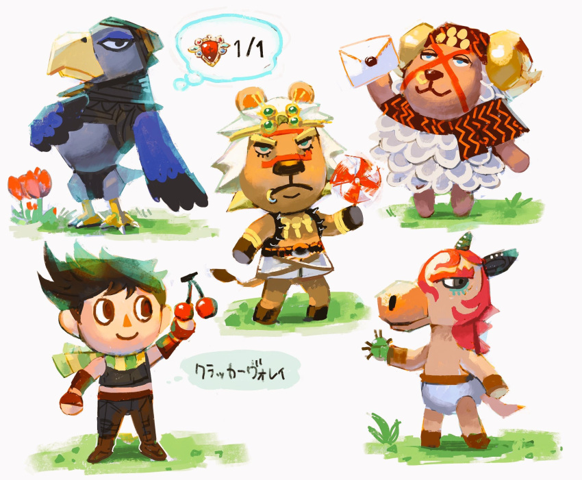 5boys animal_crossing animalization bad_id bad_pixiv_id battle_tendency beetle bird black_hair bug cherry chocoblood crossover eagle esidisi facial_mark fingerless_gloves flower food fruit gloves green_scarf highres horns horse jojo_no_kimyou_na_bouken joseph_joestar joseph_joestar_(young) kars_(jojo) letter lion midriff multicolored_clothes multicolored_scarf multiple_boys pinwheel red_stone_of_aja santana_(jojo) scarf sheep striped_clothes striped_scarf villager_(animal_crossing) wamuu yellow_scarf