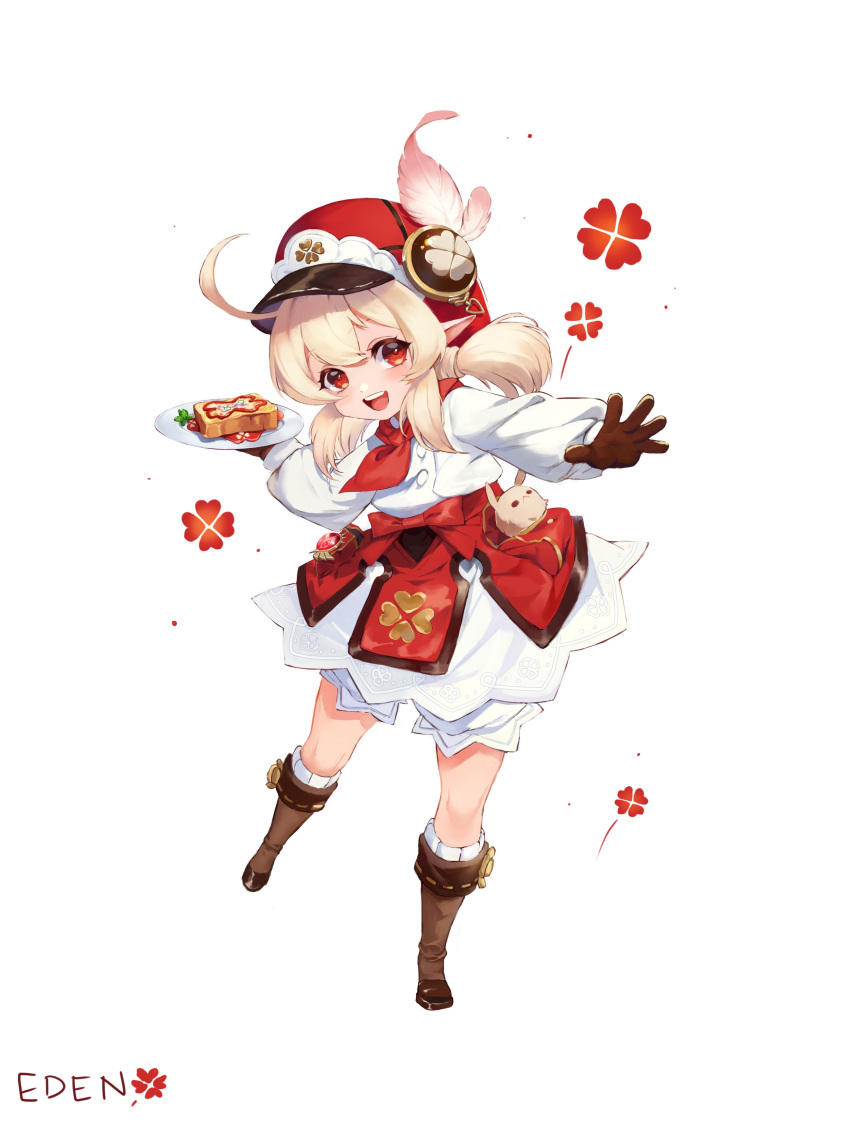 :d absurdres ahoge bloomers bread bread_slice brown_footwear brown_gloves cabbie_hat chef clover_print commentary dodoco_(genshin_impact) eden_(shiroki_yuutsu) female fish-flavored_toast_(genshin_impact) flower food full_body genshin_impact gloves hair_between_eyes hat hat_flower hat_ornament highres klee_(genshin_impact) kneehighs knees light_brown_hair long_hair looking_at_viewer low_twintails official_alternate_costume open_mouth plate pocket pointy_ears red_eyes red_hat sidelocks simple_background smile socks solo standing standing_on_one_leg toast twintails underwear white_background