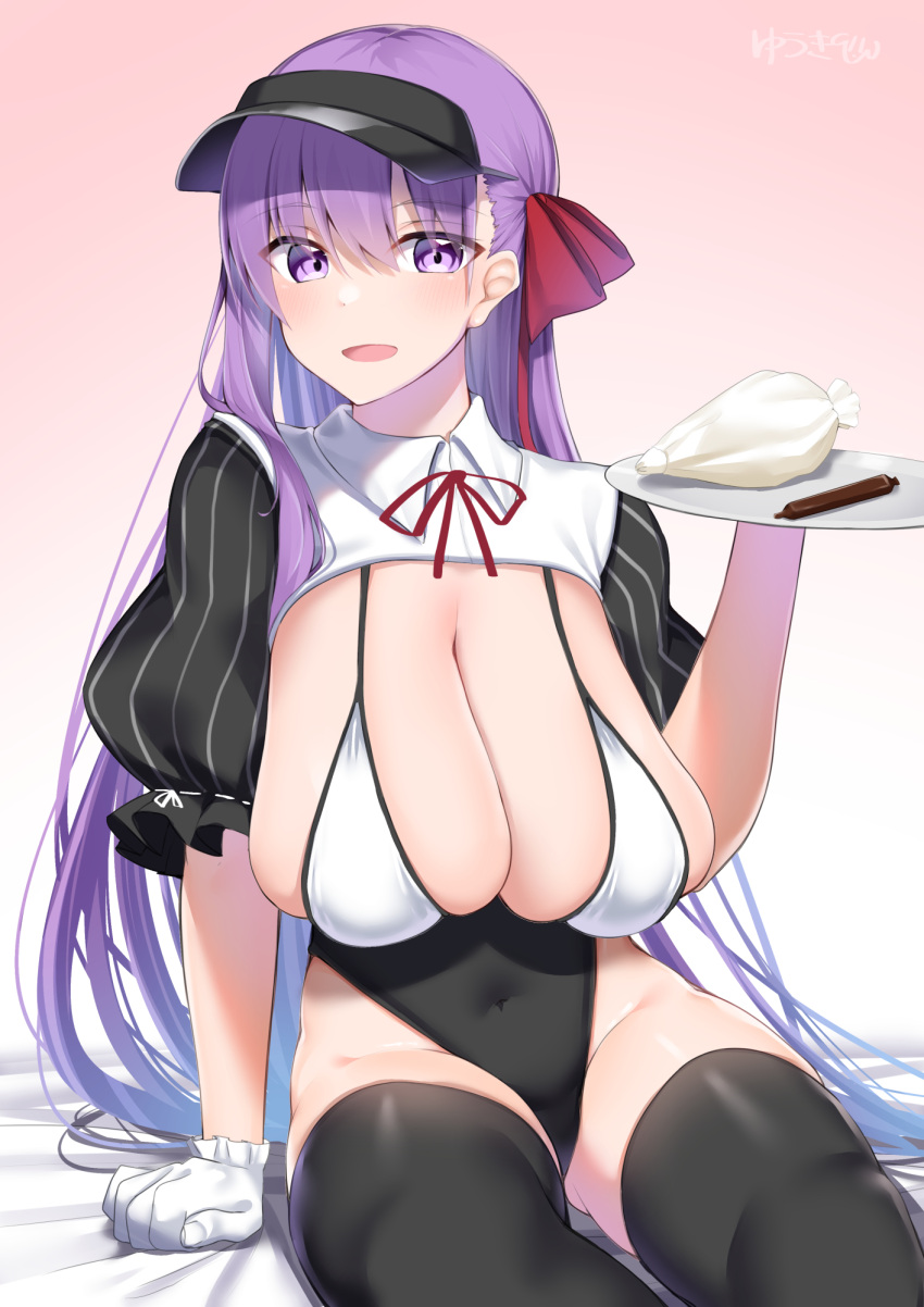 bb_(fate) bb_(fate/extra) blush breasts cleavage commentary_request fate/extra fate/extra_ccc fate_(series) female hair_ribbon highres kitajima_yuuki large_breasts long_hair looking_at_viewer open_mouth partial_commentary purple_eyes purple_hair red_ribbon revision ribbon smile solo very_long_hair